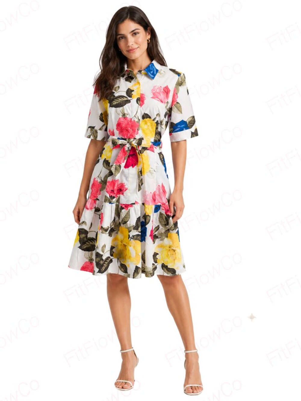 Calvin Klein Floral Print Tiered Belted Cotton Shirtdress Size 4